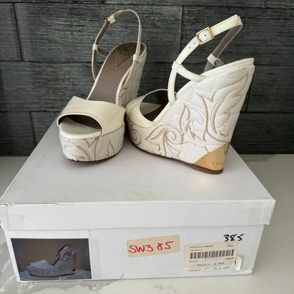 Versace White Patent Leather Quilted Wedge Platform Sandals Size 38.5 - Picture 3 of 14